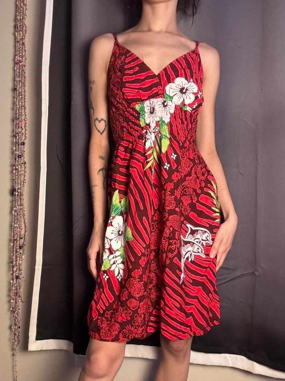 Red Printed Summer Dress by Cabali